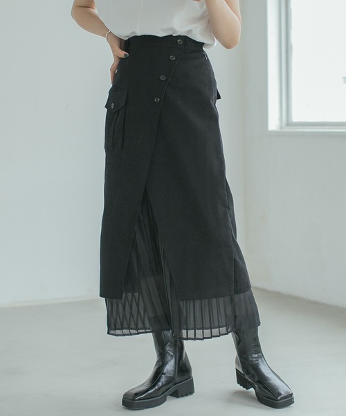 PAGEBOY（ページボーイ）の「プリーツレイヤードナロースカート（スカート・レディース・ブラック/カーキ・FREE）」の2枚目の写真