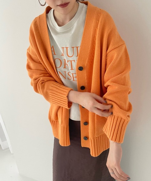 WHB☆プロフ必読！！！オレンジ ボタン付きカーディガン フリーサイズ セール】3GミドルボタンVネックカーディガンLS 215740