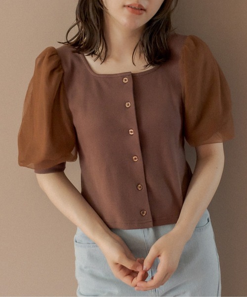 OLIVE des OLIVE(オリーブデオリーブ)の「Wフロント袖異素材プルオーバー(Tシャツ/カットソー・レディース・オフホワイト/ブラウン/ブラック・FREE)」の1枚目の写真