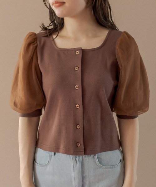 OLIVE des OLIVE(オリーブデオリーブ)の「Wフロント袖異素材プルオーバー(Tシャツ/カットソー・レディース・オフホワイト/ブラウン/ブラック・FREE)」の12枚目の写真