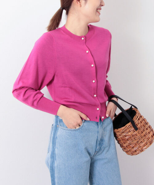 セール】パフスリーブパール釦クルーネックウォッシャブルカーディガン