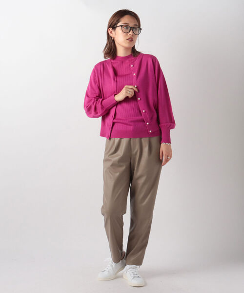 セール】パフスリーブパール釦クルーネックウォッシャブルカーディガン