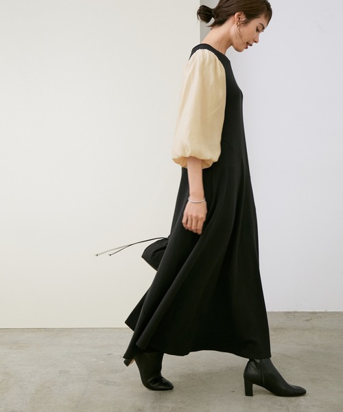 ROPE'（ロペ）の「【WEB限定】シアーボリュームスリーブナロージャージワンピース（ワンピース・レディース・ブラック/ダークブラウン・38）」の2枚目の写真