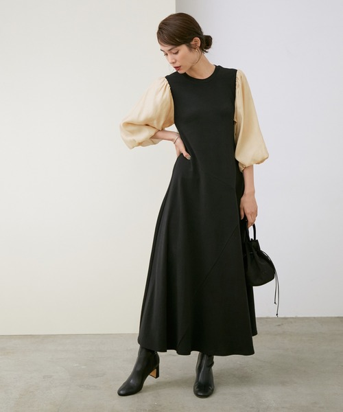 ROPE'（ロペ）の「【WEB限定】シアーボリュームスリーブナロージャージワンピース（ワンピース・レディース・ブラック/ダークブラウン・38）」の5枚目の写真