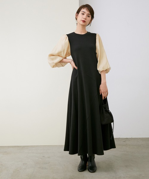 ROPE'（ロペ）の「【WEB限定】シアーボリュームスリーブナロージャージワンピース（ワンピース・レディース・ブラック/ダークブラウン・38）」の18枚目の写真