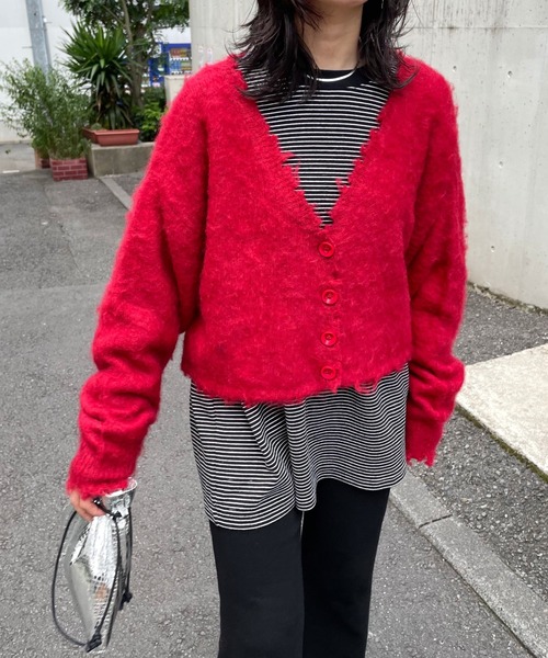 WHO'S WHO gallery（フーズフーギャラリー）の「ブラッシュニットカーデ（カーディガン/ボレロ・レディース・ブラック/ダークグリーン/レッド/ピンク/グリーン/マスタード・FREE）」の6枚目の写真