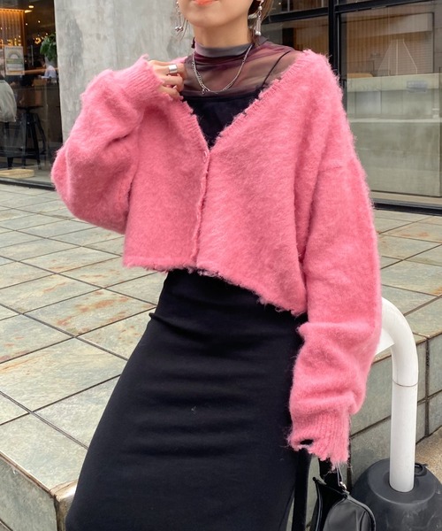 WHO'S WHO gallery（フーズフーギャラリー）の「ブラッシュニットカーデ（カーディガン/ボレロ・レディース・ブラック/ダークグリーン/レッド/ピンク/グリーン/マスタード・FREE）」の5枚目の写真