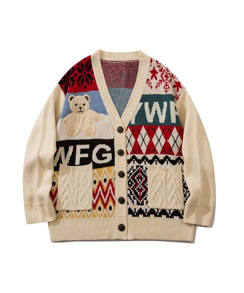 セール】【HOOK】パッチワーク柄ニットカーディガン（カーディガン