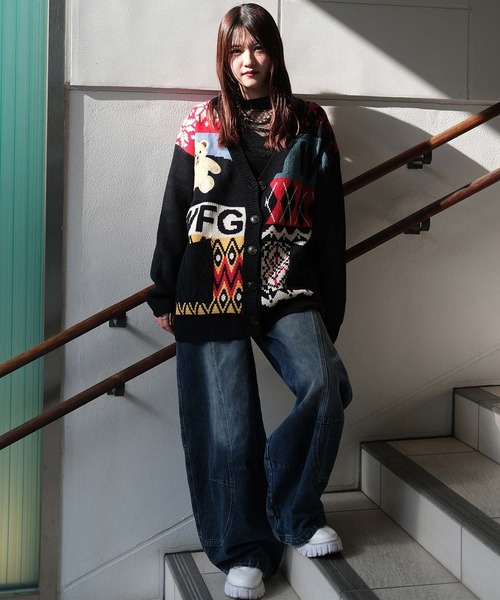 セール】【HOOK】パッチワーク柄ニットカーディガン（カーディガン