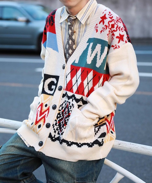 HOOK】パッチワーク柄ニットカーディガン（カーディガン/ボレロ