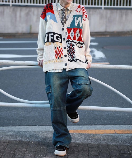 van ベージュ パッチワーク ニットカーディガン van ベージュ パッチワーク ニットカーディガン