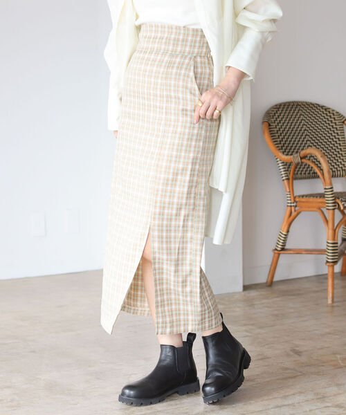 BeAMS DOT（ビームスドット）の「【WEB限定】BeAMS DOT / ハイウエスト チェック柄タイトスカート（スカート・レディース・ベージュ/パープル・SMALL/MEDIUM）」の14枚目の写真