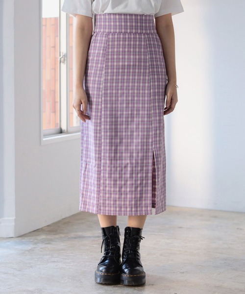BeAMS DOT（ビームスドット）の「【WEB限定】BeAMS DOT / ハイウエスト チェック柄タイトスカート（スカート・レディース・ベージュ/パープル・SMALL/MEDIUM）」の8枚目の写真