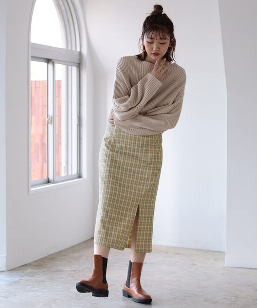 BeAMS DOT（ビームスドット）の「【WEB限定】BeAMS DOT / ハイウエスト チェック柄タイトスカート（スカート・レディース・ベージュ/パープル・SMALL/MEDIUM）」の3枚目の写真