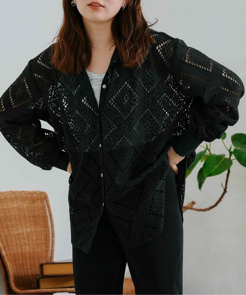 CPCM（シーピーシーエム）の「四角レース襟付きビッグシャツ（シャツ/ブラウス・レディース・ブラック/オフホワイト/グリーン・FREE）」の3枚目の写真