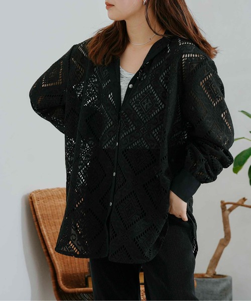 CPCM（シーピーシーエム）の「四角レース襟付きビッグシャツ（シャツ/ブラウス・レディース・ブラック/オフホワイト/グリーン・FREE）」の7枚目の写真