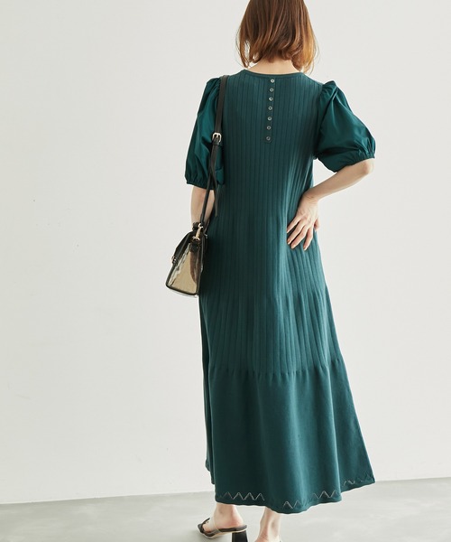 ROPE' PICNIC(ロペピクニック)の「オーガニックコットン袖布帛ニットワンピース(ワンピース・レディース・ブラック/イエロー系その他3/グリーン/ボルドー・38)」の2枚目の写真