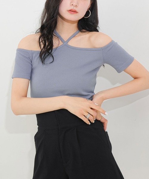 Newlyme(ニューリーミー)の「ネッククロステレコリブトップス(Tシャツ/カットソー・レディース・ホワイト/ブラック/ブルー/ボルドー・MEDIUM/X-LARGE/XX-LARGE/SMALL/LARGE)」の10枚目の写真