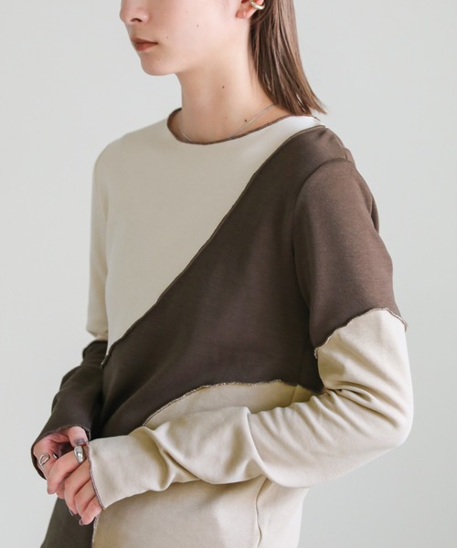 select MOCA(セレクトモカ)の「2022 AW カーブ切替クルーネックカットソー(Tシャツ/カットソー・レディース・ブラウン/カーキオリーブ・FREE)」の4枚目の写真