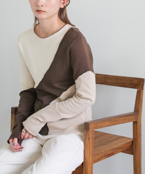 select MOCA(セレクトモカ)の「2022 AW カーブ切替クルーネックカットソー(Tシャツ/カットソー・レディース・ブラウン/カーキオリーブ・FREE)」の5枚目の写真