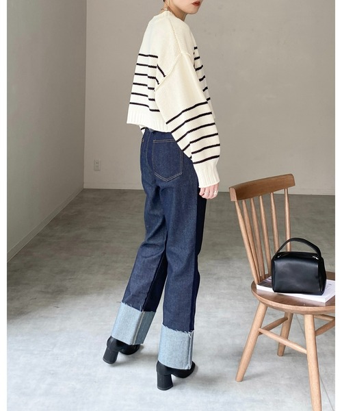 She's Closet（シーズクローゼット）の「オーバーサイズボリュームスリーブショート丈ルーズボーダーニット（ニット/セーター・レディース・ネイビー/アイボリー/ブラック・FREE）」の16枚目の写真