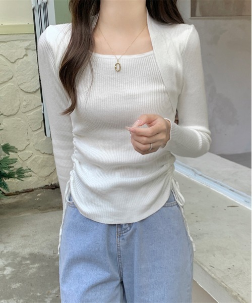 by muni:r(バイ ムニール)の「ボレロシャーリングロングTシャツ(ニット/セーター・レディース・ベージュ/ブラック/カーキ/アイボリー・FREE)」の9枚目の写真