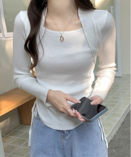 by muni:r(バイ ムニール)の「ボレロシャーリングロングTシャツ(ニット/セーター・レディース・ベージュ/ブラック/カーキ/アイボリー・FREE)」の11枚目の写真