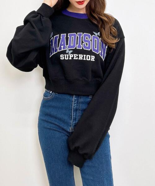 INGNI(イング)の「リンガーカレッジロゴショート丈スウェットプルオーバー(スウェット・レディース・ラベンダー/ホワイト×ブルー/オートミール/ブラック・M)」の3枚目の写真