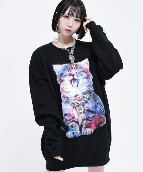TRAVAS TOKYO(トラバス トウキョウ)の「『TRAVAS TOKYO/トラバス トーキョー』Glutton cat PO/猫プリントスウェットシャツ トレーナー(スウェット・レディース・ホワイト/ブラック・FREE)」の2枚目の写真