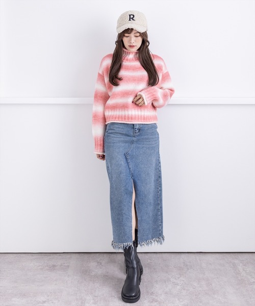 clear（クリア）の「グラデーションボーダーショートニットトップス（ニット/セーター・レディース・ピンク/オレンジ/イエロー/ブルー・F）」の22枚目の写真