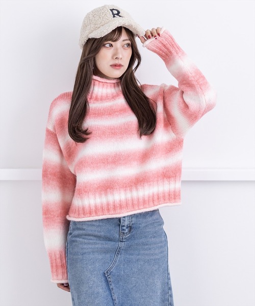 clear（クリア）の「グラデーションボーダーショートニットトップス（ニット/セーター・レディース・ピンク/オレンジ/イエロー/ブルー・F）」の20枚目の写真