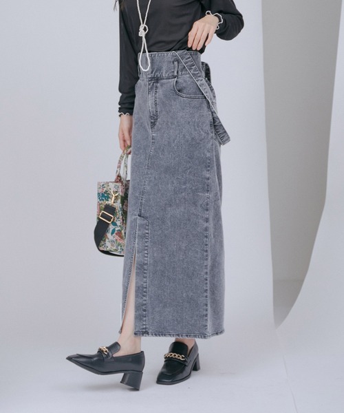 VIS(ビス)の「【洗える】サスペンダー付きハイウエストデニムタイトスカート(デニムスカート・レディース・ブルー/グレー系その他・M/S/SS)」の6枚目の写真