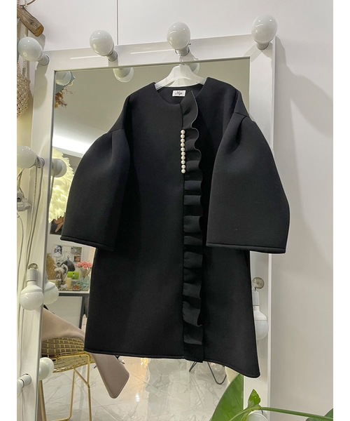 新品 M y u フロント フリル パール ボンディング コート ブラック 黒 M y u（ミュー）の「フロント フリル パール ボンディング コート