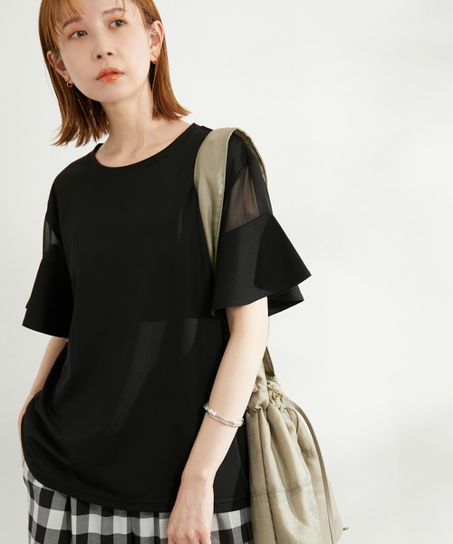 ROPE' PICNIC（ロペピクニック）の「洗える・リンクコーデ/袖シアーカットトップス（Tシャツ/カットソー・レディース・ホワイト/ブラック/グレー系その他/サックスブルー/ピンク系その他/ブルー・38）」の3枚目の写真