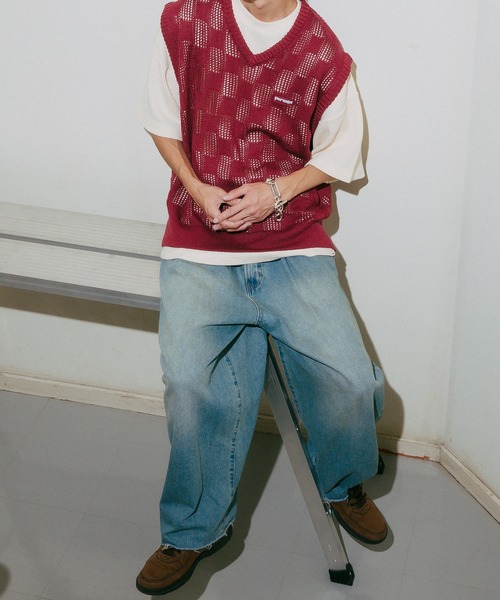 Perushu（ペルーシュ）の「メッシュチェックニットベスト（ベスト・メンズ・ブルーグリーン/ブラック/ボルドー・LARGE/MEDIUM）」の19枚目の写真