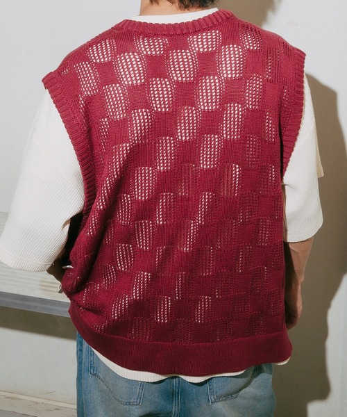 Perushu（ペルーシュ）の「メッシュチェックニットベスト（ベスト・メンズ・ブルーグリーン/ブラック/ボルドー・LARGE/MEDIUM）」の15枚目の写真