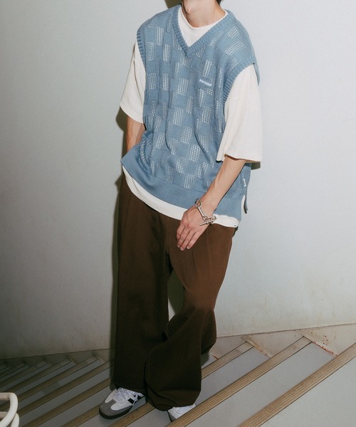 Perushu（ペルーシュ）の「メッシュチェックニットベスト（ベスト・メンズ・ブルーグリーン/ブラック/ボルドー・LARGE/MEDIUM）」の6枚目の写真