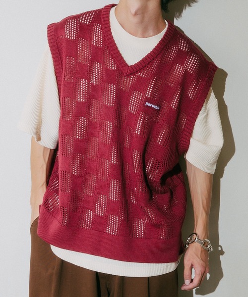 Perushu（ペルーシュ）の「メッシュチェックニットベスト（ベスト・メンズ・ブルーグリーン/ブラック/ボルドー・LARGE/MEDIUM）」の21枚目の写真