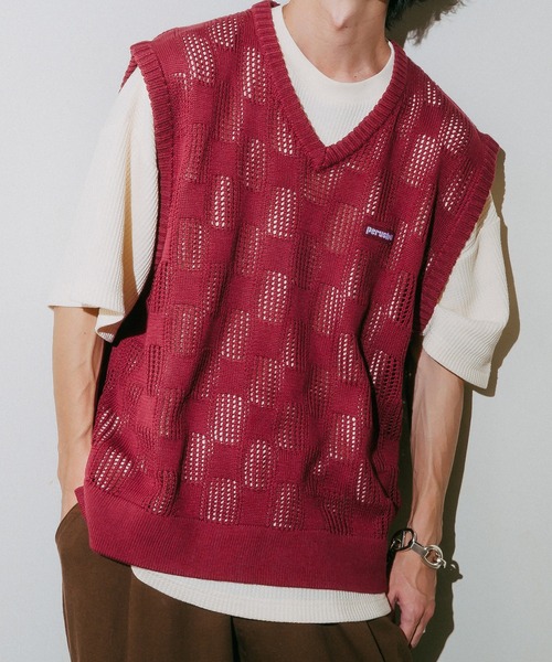 Perushu（ペルーシュ）の「メッシュチェックニットベスト（ベスト・メンズ・ブルーグリーン/ブラック/ボルドー・LARGE/MEDIUM）」の22枚目の写真