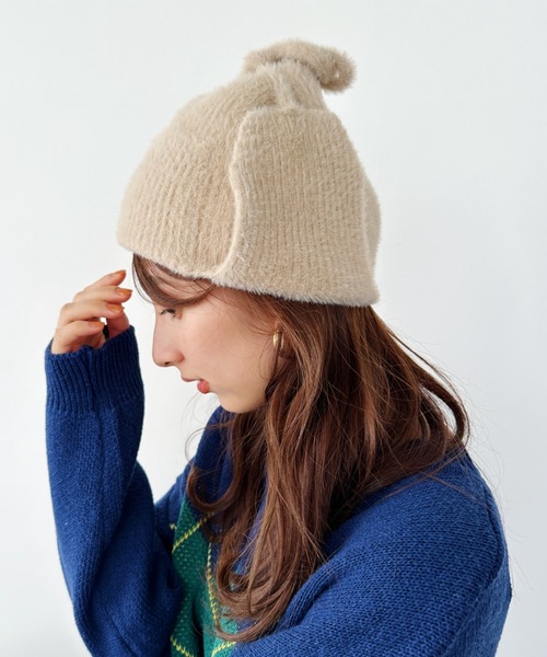 un+frame（アンフレーム）の「shaggy flight knit cap／シャギーフライトニットキャップ/ビーニー（ニットキャップ/ビーニー・レディース・ホワイト/ベージュ・FREE）」の6枚目の写真