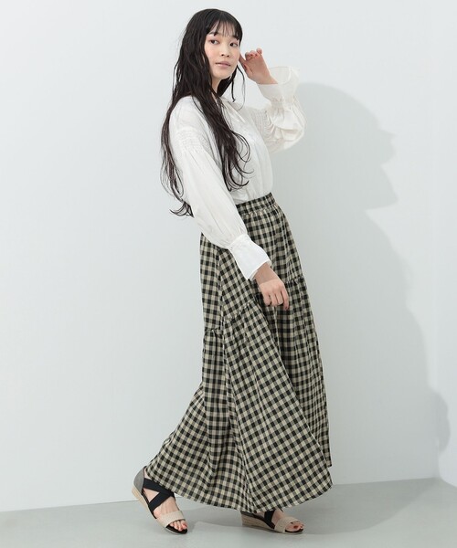 BEAMS HEART（ビームスハート）の「BEAMS HEART / チェック ギャザー ロングスカート（スカート・レディース・ブラウン/オレンジ/ネイビー・FREE）」の4枚目の写真