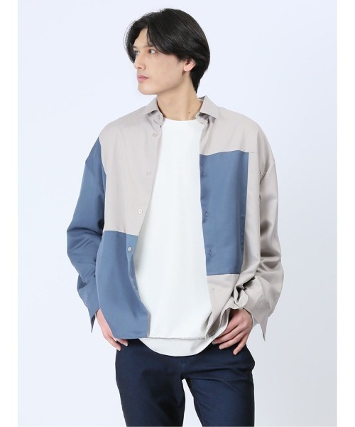 TAKA-Q（タカキュー）の「クレイジー切替 レギュラーカラー長袖BIGシャツ（シャツ/ブラウス・メンズ・ブルー/ブラック/ホワイト・MEDIUM/LARGE）」の3枚目の写真