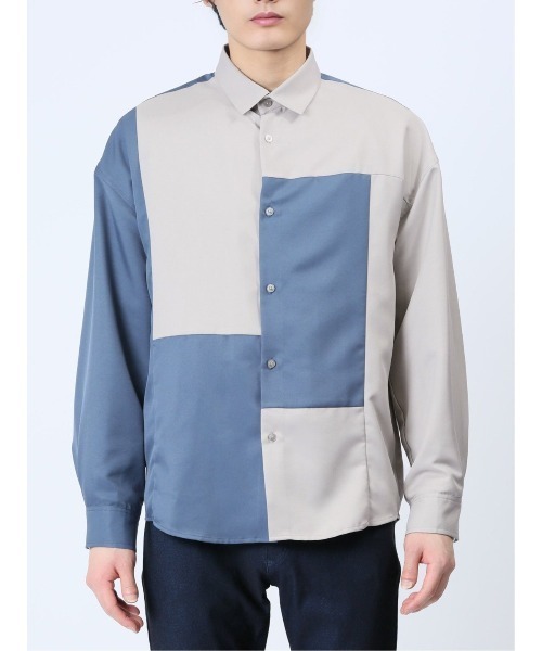 TAKA-Q（タカキュー）の「クレイジー切替 レギュラーカラー長袖BIGシャツ（シャツ/ブラウス・メンズ・ブルー/ブラック/ホワイト・MEDIUM/LARGE）」の21枚目の写真