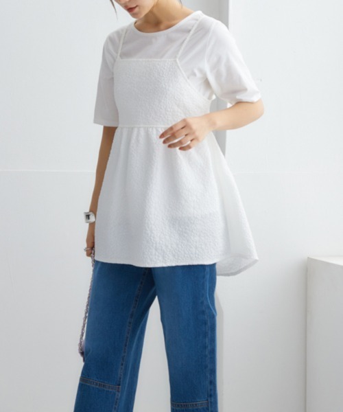 nissen(ニッセン)の「ふくれジャガードキャミソール+無地Tシャツ 2点セット(キャミソール・レディース・ブラック/オフホワイト・S/M/L/LL)」の8枚目の写真