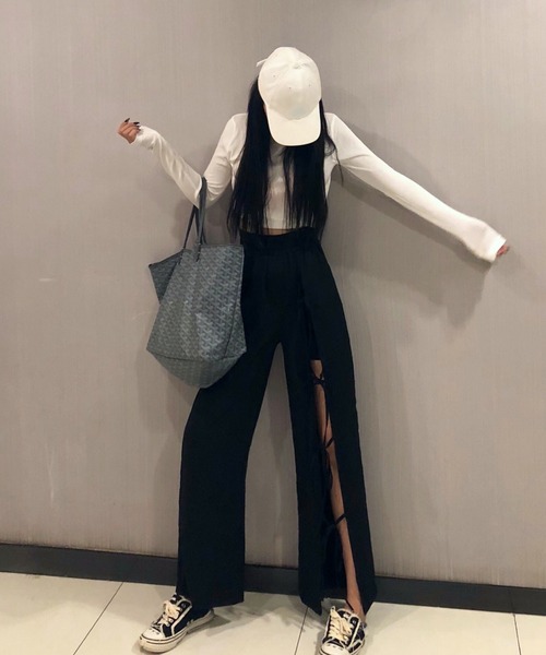 SHEPP（シープ）の「アシンメトリースリット リボンパンツ（その他パンツ・レディース・ブラック・L/M/XL）」の5枚目の写真
