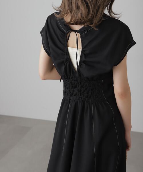 FREE'S MART（フリーズマート）の「【3サイズ展開XS-M】ウエストシェイプ配色ステッチワンピース【低身長サイズ有】（ワンピース・レディース・イエロー/ホワイト/ブラウン/ブラック・X-SMALL/SMALL/MEDIUM）」の10枚目の写真