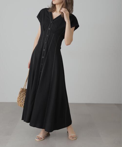 FREE'S MART（フリーズマート）の「【3サイズ展開XS-M】ウエストシェイプ配色ステッチワンピース【低身長サイズ有】（ワンピース・レディース・イエロー/ホワイト/ブラウン/ブラック・X-SMALL/SMALL/MEDIUM）」の8枚目の写真