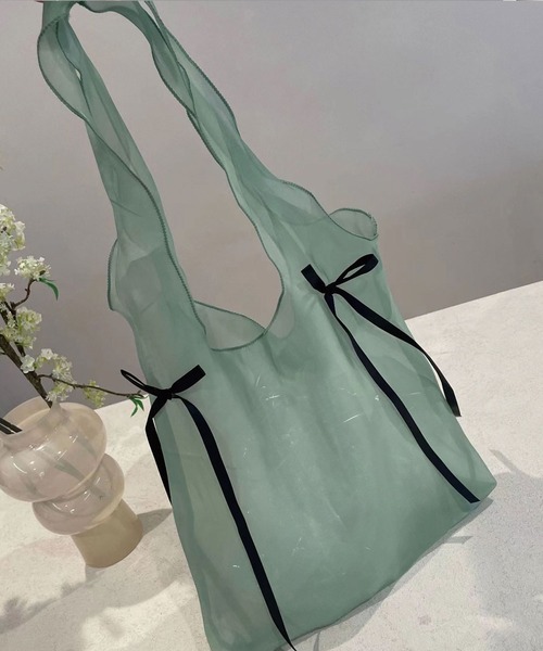 CORNERS（コーナーズ）の「オーガンジーリボンバッグ（エコバッグ/サブバッグ・レディース・ブラック/ホワイト/グリーン/パープル・FREE）」の4枚目の写真