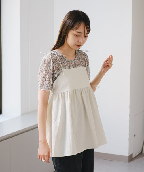 フラワープリントTEE セール】【リバーシブル】レースフラワープリントTEE（Tシャツ