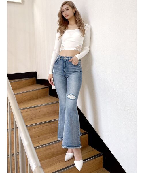 GYDA（ジェイダ）の「SIDEレースドッキングショートロンT（Tシャツ/カットソー・レディース・ブラック/オフホワイト・FREE）」の7枚目の写真